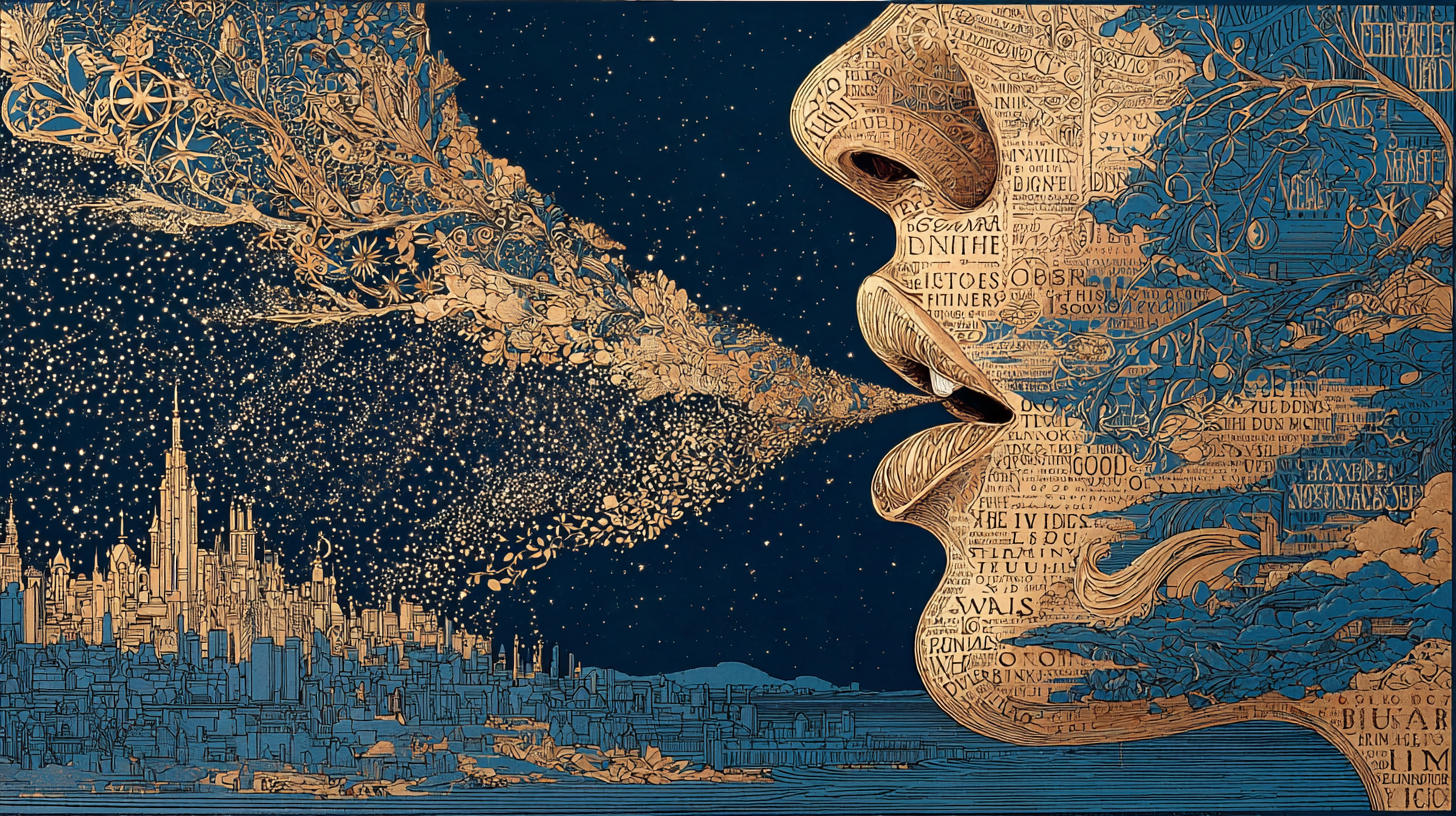 Visage de profil composé de mots dorés sur ciel étoilé, symbole d'écrire son futur selon Napoléon Hill