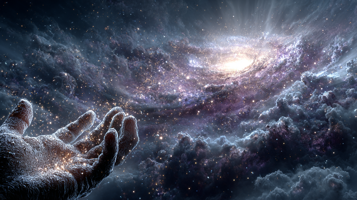 Une main ouverte vers un cosmos rayonnant, image du subconscient et de la manifestation