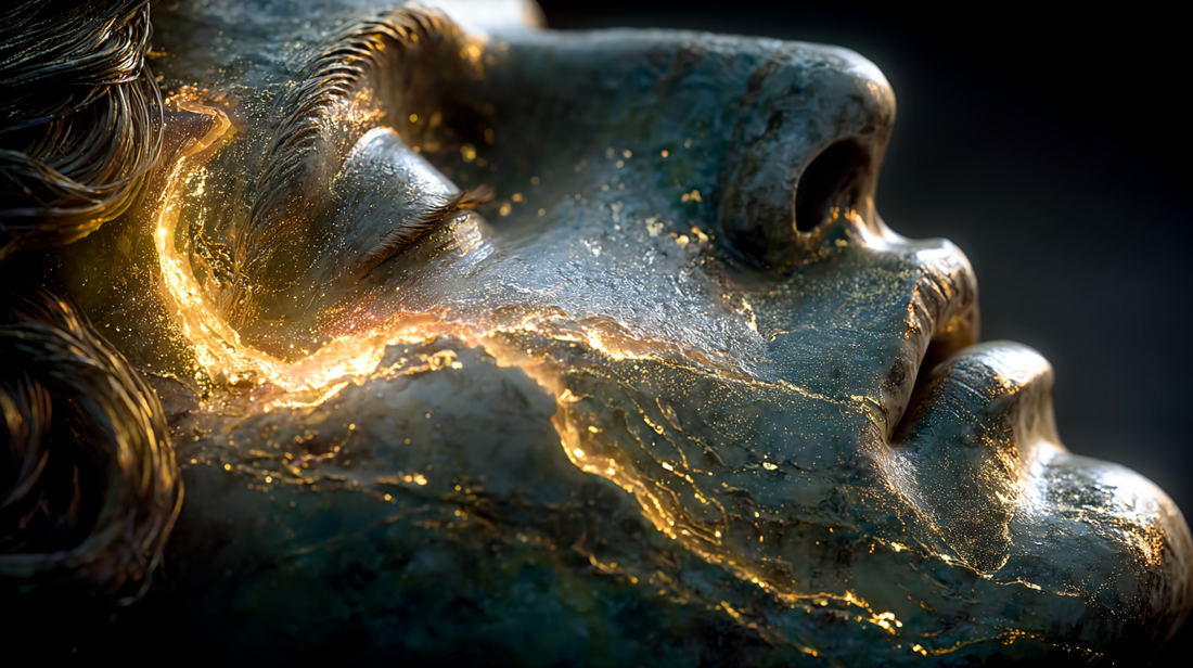 Visage de statue en marbre aux yeux clos, traversé de veines d'or en fusion, symbole de visualisation et de puissance intérieure