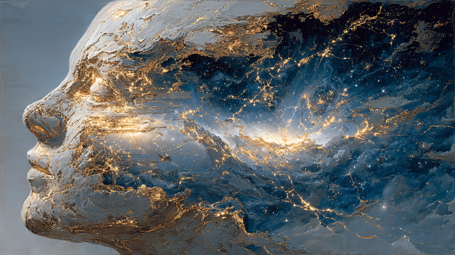 Visage de profil fusionnant avec une galaxie dorée, symbole de la maîtrise de l'esprit selon Charles F. Haanel